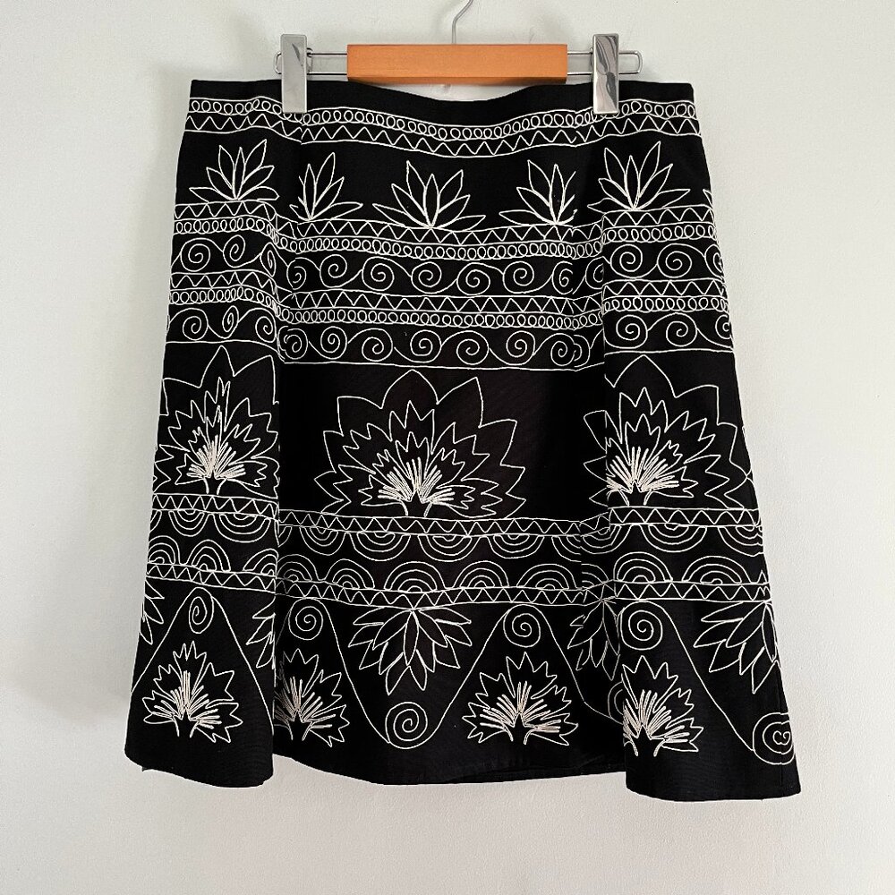 Vintage Talbots Black & White Embroidered Cotton A-Line Skirt, Size 14